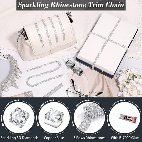 سلسلة حجر الراين بطول 3 ياردات من ROADPLUM، سلسلة من حجر الراين مزين بالكريستال الفضي مع غراء، حزام سلسلة من حجر الراين للخياطة للفساتين والباقات وصناديق الهدايا وزينة عيد الميلاد in Kuwait