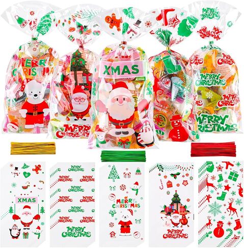 FUSHENMU 180 قطعة من أكياس علاج السيلوفان لعيد الميلاد، أكياس حلوى هدية تشيلو جودي الشفافة لعيد الميلاد مع أربطة ملتوية لمستلزمات حفلات عيد الميلاد in Kuwait