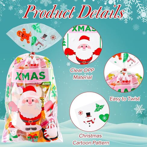 FUSHENMU 180 قطعة من أكياس علاج السيلوفان لعيد الميلاد، أكياس حلوى هدية تشيلو جودي الشفافة لعيد الميلاد مع أربطة ملتوية لمستلزمات حفلات عيد الميلاد in Kuwait