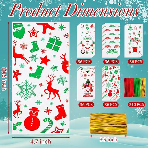 FUSHENMU 180 قطعة من أكياس علاج السيلوفان لعيد الميلاد، أكياس حلوى هدية تشيلو جودي الشفافة لعيد الميلاد مع أربطة ملتوية لمستلزمات حفلات عيد الميلاد in Kuwait