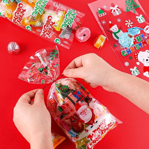 FUSHENMU 180 قطعة من أكياس علاج السيلوفان لعيد الميلاد، أكياس حلوى هدية تشيلو جودي الشفافة لعيد الميلاد مع أربطة ملتوية لمستلزمات حفلات عيد الميلاد in Kuwait