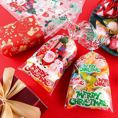 FUSHENMU 180 قطعة من أكياس علاج السيلوفان لعيد الميلاد، أكياس حلوى هدية تشيلو جودي الشفافة لعيد الميلاد مع أربطة ملتوية لمستلزمات حفلات عيد الميلاد in Kuwait