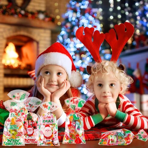 FUSHENMU 180 قطعة من أكياس علاج السيلوفان لعيد الميلاد، أكياس حلوى هدية تشيلو جودي الشفافة لعيد الميلاد مع أربطة ملتوية لمستلزمات حفلات عيد الميلاد in Kuwait