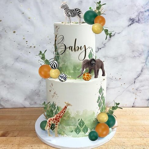 24 PCS Safari Jungle Animal Cake Toppers with Colorful Balls Cake Decorations for Wild Themed Birthday Oh Baby Party Supplies in Kuwait