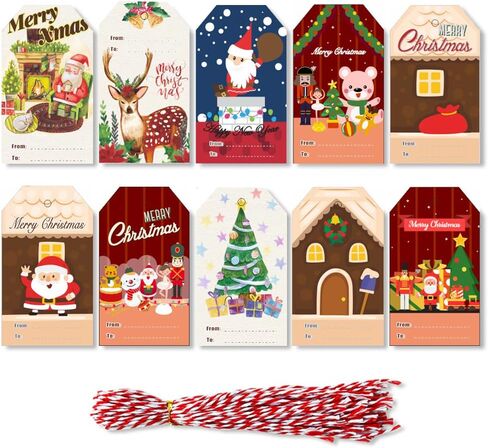PintreeLand 100PCS Christmas Gift Tags with String, Xmas Santa Name Tags Label for Holiday Present Wrapping in Kuwait