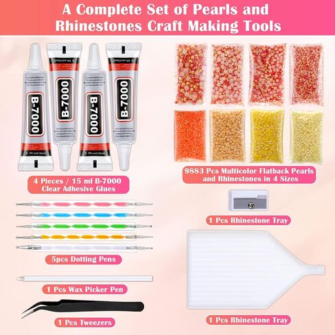 Mckanti B7000 Rhinestone Clear Glue and 2800 Pcs Rhinestones for Crafts, 5 Sizes Rhinestones Set with 50ml Glue 5Dotting Pens Wax Pencil Tweezers, Rhinestones Kit for Nails Clothes Shoes.(Clear+Red) in Kuwait
