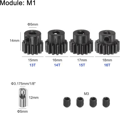 uxcell M1 Mod1 Pinion Gear Set 5mm Shaft 13T 14T 15T 16T Motor Gears Hardened Steel Pinion Gear with 3.17mm Coupler for RC Car (4pcs) in Saudi Arabia