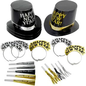 4E's Novelty New Years Eve Party Supplies 2024 for 10 Guest - 20 Pieces Total Includes 5 Top Hats, 5 Tiaras, & 10 Noisemakers - Black Gold Silver NYE Decorations in Saudi Arabia