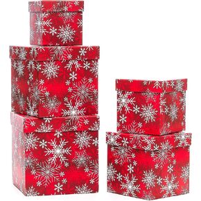 UNIQOOO 5PCS Christmas Nesting Gift Boxes with Lid, Xmas Nested Box Set, 5 Sizes, Square Stackable, Red White Snowflake Candy Cane Paper Box Tower Décor, for Holiday Thanksgiving New Year Packaging