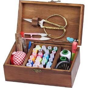 صندوق ادوات خياطة خشبي للبالغين المبتدئين مع ملحقات - سلة خياطة منزلية اساسية عتيقة لاصلاح الخياطة للاطفال والبنات (ريترو) in Kuwait