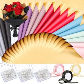 Jeyiour 393 Pcs Flower Bouquet Wrapping Paper Waterproof Floral Wrap Sheets Gift Packaging Paper with Crystal Corsage Pins and Satin Ribbons for Mothers Day Wedding Florist Supplies(Double Print)