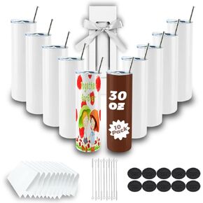 Sublimation Tumblers bulk 30 oz Skinny, 10 Pack Stainless Steel Double Wall Insulated Straight Sublimation Tumbler Cups Blank White with Lid, Straw, Individually Box,Polymer Coating for Heat Transfer in Kuwait