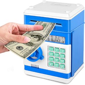 Cartoon Piggy Bank, Electronic ATM Password Cash Coin Can Auto Scroll Paper Money Saving Box Gift for Kids (Blue)