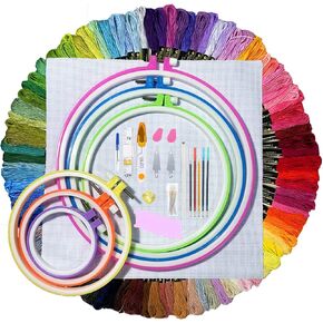 ONESHAW Embroidery Kit 141 Pcs,100 Colors Threads,6 Pcs Embroidery Hoops,2 Pcs Aida Cloth,9 Sewing Pins,Cross Stitch Tools and Embroidery Starter Kit for Adults and Kids Beginners