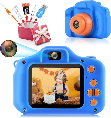 HOMHOW Kids Camera HD كاميرا رقمية للأطفال للبنين والبنات والأطفال، كاميرا سيلفي للأطفال الصغار، ألعاب أطفال عيد الميلاد هدية عيد الميلاد لعمر 3 4 5 6 7 8 9 سنوات، شاشة IPS 2 بوصة مع بطاقة SD سعة 32 جيجابايت باللون الأزرق الداكن in Kuwait