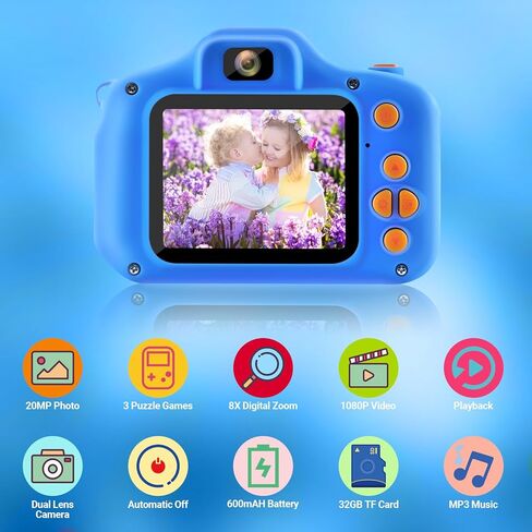 HOMHOW Kids Camera HD كاميرا رقمية للأطفال للبنين والبنات والأطفال، كاميرا سيلفي للأطفال الصغار، ألعاب أطفال عيد الميلاد هدية عيد الميلاد لعمر 3 4 5 6 7 8 9 سنوات، شاشة IPS 2 بوصة مع بطاقة SD سعة 32 جيجابايت باللون الأزرق الداكن in Kuwait