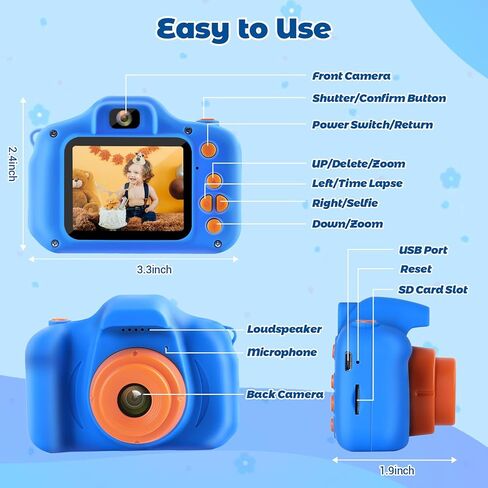 HOMHOW Kids Camera HD كاميرا رقمية للأطفال للبنين والبنات والأطفال، كاميرا سيلفي للأطفال الصغار، ألعاب أطفال عيد الميلاد هدية عيد الميلاد لعمر 3 4 5 6 7 8 9 سنوات، شاشة IPS 2 بوصة مع بطاقة SD سعة 32 جيجابايت باللون الأزرق الداكن in Kuwait