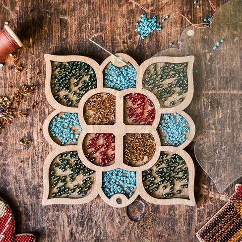 Lonjew Wood bead box with lid and needle magnet, flower bead supply storage, bead organizer tray, jewelry making gift, beadwork craft accessory in Kuwait