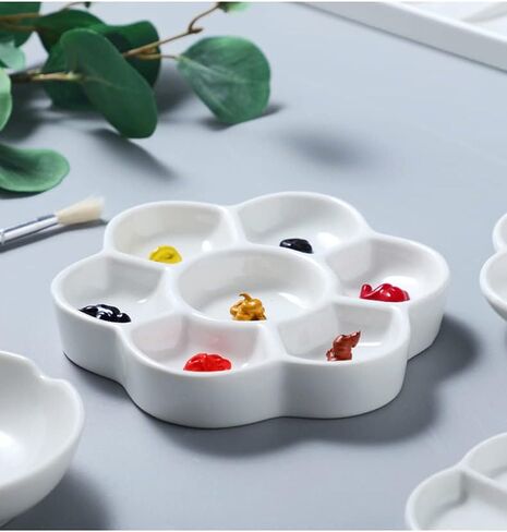 Ceramic Artist Paint Pallet,Tray,Palette,Easy to Clean Porcelain Mixing Tray for Watercolor Gouache Painting,6 Wells,8 inch, White, Round in Saudi Arabia