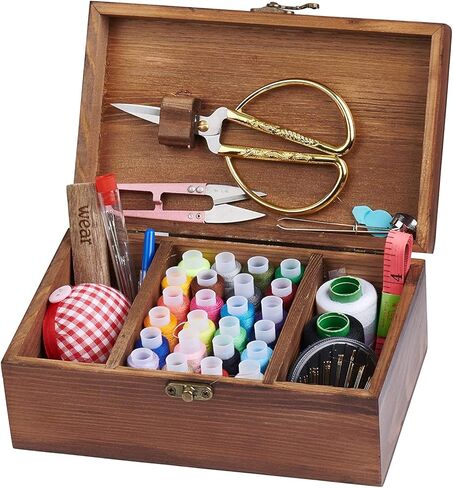 صندوق ادوات خياطة خشبي للبالغين المبتدئين مع ملحقات - سلة خياطة منزلية اساسية عتيقة لاصلاح الخياطة للاطفال والبنات (ريترو) in Kuwait