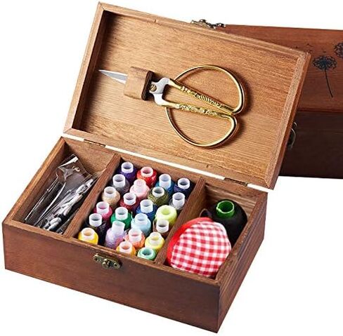 صندوق ادوات خياطة خشبي للبالغين المبتدئين مع ملحقات - سلة خياطة منزلية اساسية عتيقة لاصلاح الخياطة للاطفال والبنات (ريترو) in Kuwait