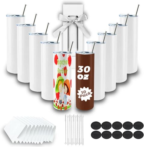 Sublimation Tumblers bulk 30 oz Skinny, 10 Pack Stainless Steel Double Wall Insulated Straight Sublimation Tumbler Cups Blank White with Lid, Straw, Individually Box,Polymer Coating for Heat Transfer in Kuwait
