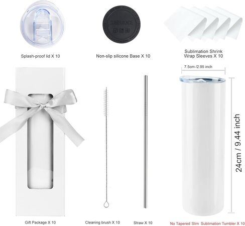 Sublimation Tumblers bulk 30 oz Skinny, 10 Pack Stainless Steel Double Wall Insulated Straight Sublimation Tumbler Cups Blank White with Lid, Straw, Individually Box,Polymer Coating for Heat Transfer in Kuwait