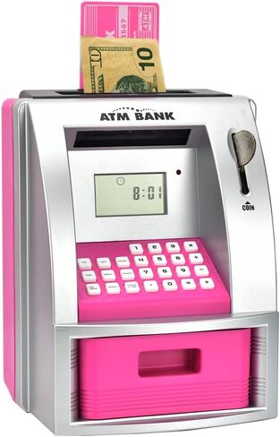 بنك التوفير ATMBnk للأموال الحقيقية، ماكينة بنك ATM صغيرة مع بطاقة خصم، صندوق نقد إلكتروني مع قفل كلمة المرور، التعرف على العملات المعدنية، إعداد الأهداف، موجه صوتي، هدية رائعة للأطفال (وردي) in Kuwait