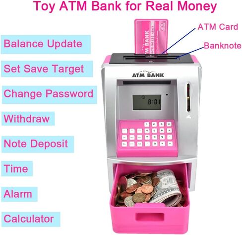 بنك التوفير ATMBnk للأموال الحقيقية، ماكينة بنك ATM صغيرة مع بطاقة خصم، صندوق نقد إلكتروني مع قفل كلمة المرور، التعرف على العملات المعدنية، إعداد الأهداف، موجه صوتي، هدية رائعة للأطفال (وردي) in Kuwait