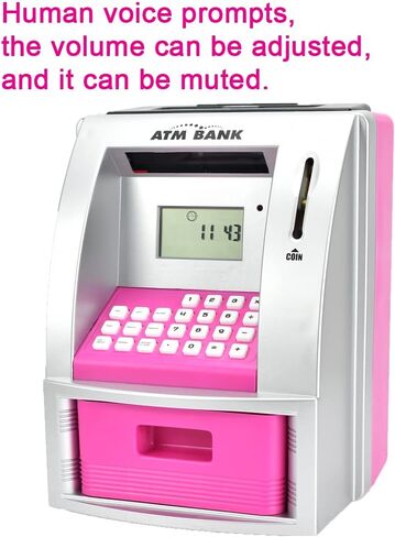 بنك التوفير ATMBnk للأموال الحقيقية، ماكينة بنك ATM صغيرة مع بطاقة خصم، صندوق نقد إلكتروني مع قفل كلمة المرور، التعرف على العملات المعدنية، إعداد الأهداف، موجه صوتي، هدية رائعة للأطفال (وردي) in Kuwait