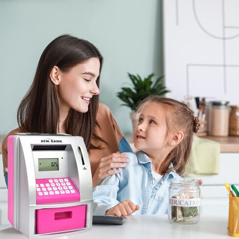بنك التوفير ATMBnk للأموال الحقيقية، ماكينة بنك ATM صغيرة مع بطاقة خصم، صندوق نقد إلكتروني مع قفل كلمة المرور، التعرف على العملات المعدنية، إعداد الأهداف، موجه صوتي، هدية رائعة للأطفال (وردي) in Kuwait