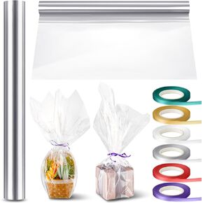 Tigeen Clear Cellophane Wrap Roll with 6 Rolls Ribbons, 16'' x 100ft 2.3 Mil Translucent Thick Cellophane Paper for Candy Baskets Packaging for Baby Shower Birthday Party Gifts(Green)