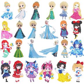 PICNICFUN Diamond Stickers for Kids,24 PCS 5D DIY Cartoon Princess Diamond Sticker Kits Handmade Digital Paint Rhinestone Mosaic Sticker