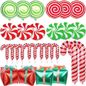 YUJUN 30Pcs Christmas Balloons Decoration Set, Candy Cane Gift Box Mylar Foil Balloons for Christmas New Year Candies Xmas Theme Party Decorations
