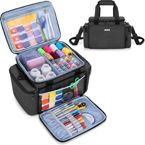 CURMIO Sewing Accessories Organizer, Large Sewing Supplies Storage Bag with Shoulder Strap for Spool Thread, Scissor and Sewing Needles, Black (Bag Only)