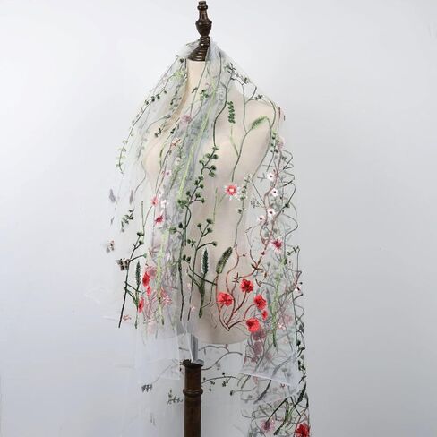 Exquisite Floral Embroidered Lace Fabric Flower Plant Tulle for Sewing Dress Gown Overlay Curtain Embellishment, 60 Inch Wide (2 Yards Precut, Black Background) in Kuwait