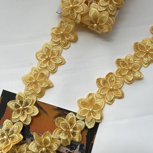 شريط دانتيل ثلاثي الأبعاد بسيط 3 ياردات من الدانتيل، مطرز عتيق من الدانتيل لتزيين الحرف اليدوية (أصفر) in Kuwait