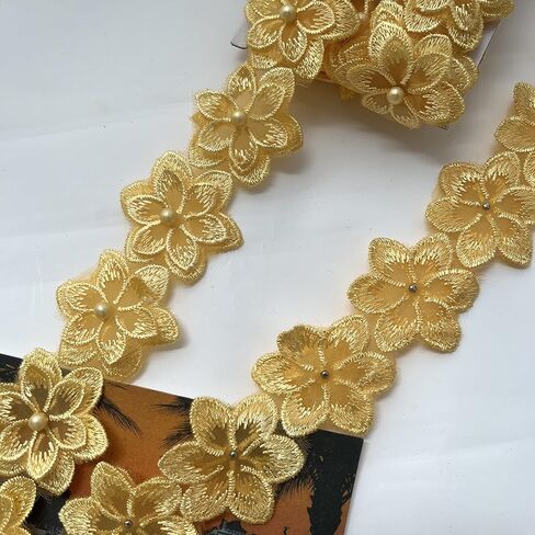 شريط دانتيل ثلاثي الأبعاد بسيط 3 ياردات من الدانتيل، مطرز عتيق من الدانتيل لتزيين الحرف اليدوية (أصفر) in Kuwait