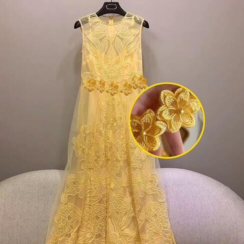 شريط دانتيل ثلاثي الأبعاد بسيط 3 ياردات من الدانتيل، مطرز عتيق من الدانتيل لتزيين الحرف اليدوية (أصفر) in Kuwait