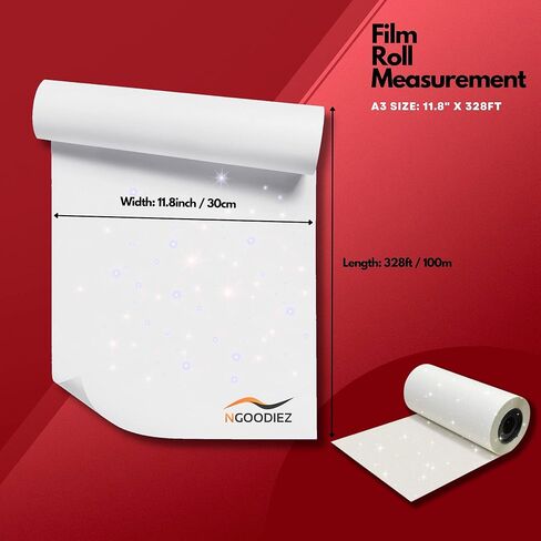 بكرة فيلم لامعة NGOODIEZ DTF - فيلم نقل ممتاز A3 لطابعات DTF - فيلم PET للقمصان والنسيج الداكن والخفيف - قابل للغسل، ويدوم طويلاً وملمس ناعم - قشر بارد (11.75 بوصة × 328 قدمًا) in Kuwait