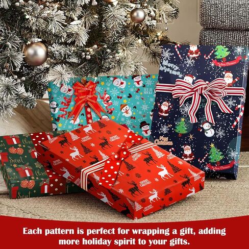 Gocvo ورق تغليف عيد الميلاد 12 ورقة مطوية مناديل عيد الميلاد مع 30 قطعة من الأقواس + 2 قطعة من الأشرطة العتيقة الكبيرة لتزيين هدايا عيد الميلاد مجموعات ورق لف للأطفال والنساء والرجال، 29 × 20 بوصة in Kuwait