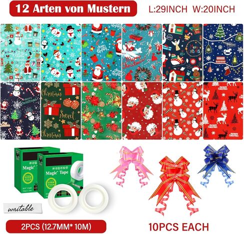 Gocvo ورق تغليف عيد الميلاد 12 ورقة مطوية مناديل عيد الميلاد مع 30 قطعة من الأقواس + 2 قطعة من الأشرطة العتيقة الكبيرة لتزيين هدايا عيد الميلاد مجموعات ورق لف للأطفال والنساء والرجال، 29 × 20 بوصة in Kuwait