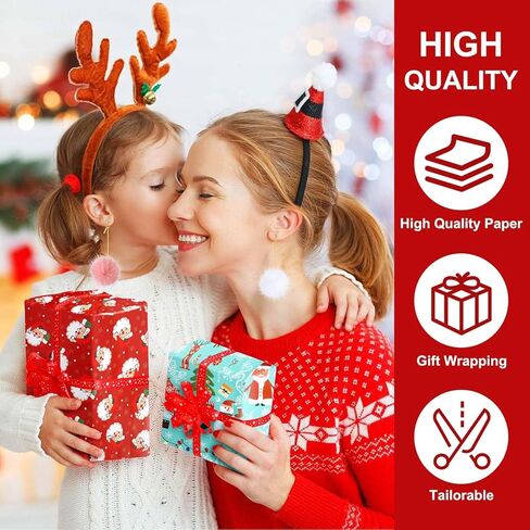 Gocvo ورق تغليف عيد الميلاد 12 ورقة مطوية مناديل عيد الميلاد مع 30 قطعة من الأقواس + 2 قطعة من الأشرطة العتيقة الكبيرة لتزيين هدايا عيد الميلاد مجموعات ورق لف للأطفال والنساء والرجال، 29 × 20 بوصة in Kuwait