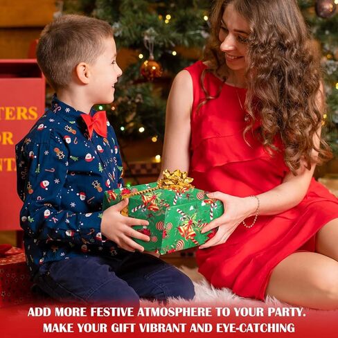 Gocvo ورق تغليف عيد الميلاد 12 ورقة مطوية مناديل عيد الميلاد مع 30 قطعة من الأقواس + 2 قطعة من الأشرطة العتيقة الكبيرة لتزيين هدايا عيد الميلاد مجموعات ورق لف للأطفال والنساء والرجال، 29 × 20 بوصة in Kuwait