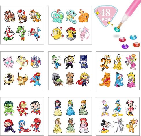 HITO 48 Pcs Diamond Painting Stickers Kits for Kids,Cartoon Diamond Art Stickers for Kids,Mosaic Stickers Gem Art for Kids Ages 4-12 in Kuwait