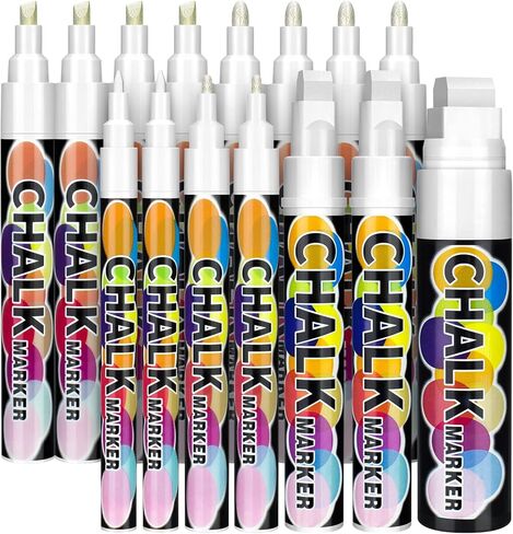 15 قطعة من أقلام تحديد الطباشير السائل الأبيض من CeleMoon، أقلام تحديد مسح رطبة جافة تعتمد على الماء للسبورات السوداء والسبورة والنوافذ والزجاج والأطراف الكبيرة القابلة للعكس والأطراف الدقيقة - 1,3,6,10,15 مم in Kuwait