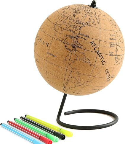 Small Color-in Cork Globe with 5 Different Colored Markers & Durable Steel Base | Great for Mapping Travels & Educational Purposes | Does Not Have Plastic Strip Like Most in Kuwait