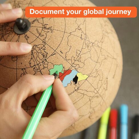 Small Color-in Cork Globe with 5 Different Colored Markers & Durable Steel Base | Great for Mapping Travels & Educational Purposes | Does Not Have Plastic Strip Like Most in Kuwait
