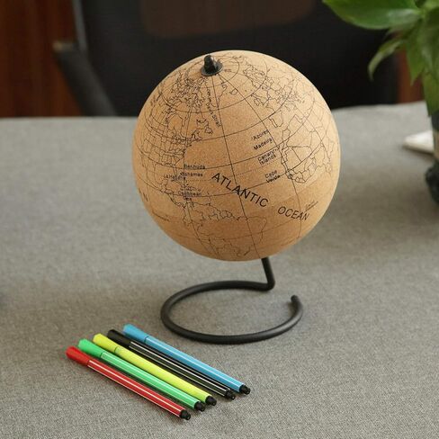 Small Color-in Cork Globe with 5 Different Colored Markers & Durable Steel Base | Great for Mapping Travels & Educational Purposes | Does Not Have Plastic Strip Like Most in Kuwait