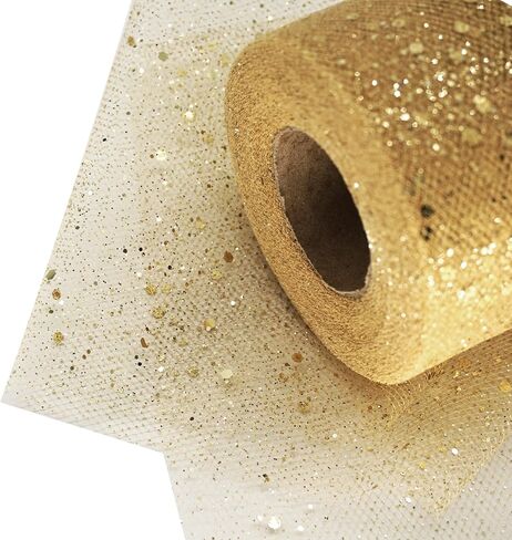 Glitter Tulle Fabric Rolls 6 Inch 50 Yards (150ft) Sparkling Ribbon Sequin Polka Dots Netting Spool for DIY Tutu Skirt Wedding Baby Shower Bow Easter Party Decoration Crafts, 21 Colors, Antique Gold in Kuwait